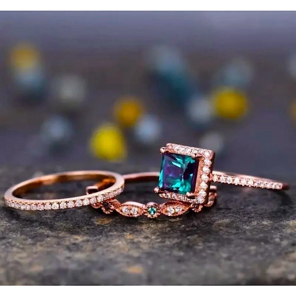 3pc Square Colorful Cubic Zirconia Ring Inlaid with Cubic Zirconia Diamonds